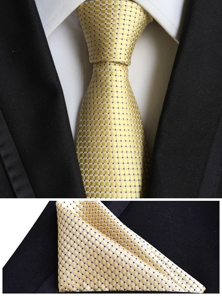 8 cm 탑 디자이너 공식 넥타이 고품질 짠 넥타이 블랙 점이있는 노란색 체커 세트 손수건